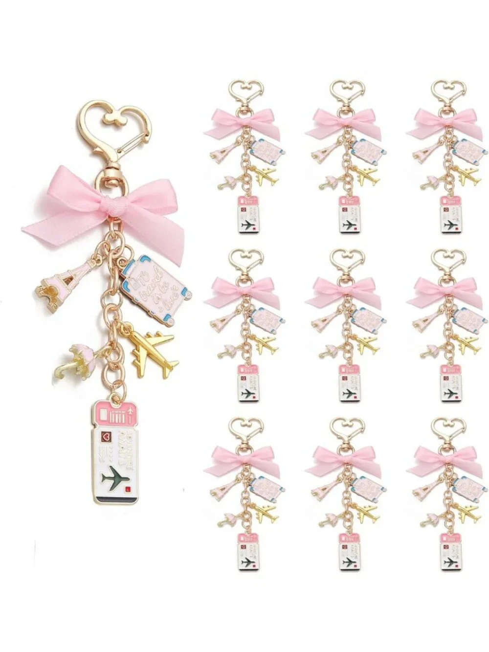 Travel-Themed Keychain Set - 10PCS with Pink Bow, Gold Charms, Eiffel Tower